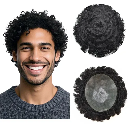 Unidades de cabello afro para hombre, tupé, meave, afro tupé para hombre, sistema de reemplazo de cabello humano rizado, postizo de 0.787 in, 1#
