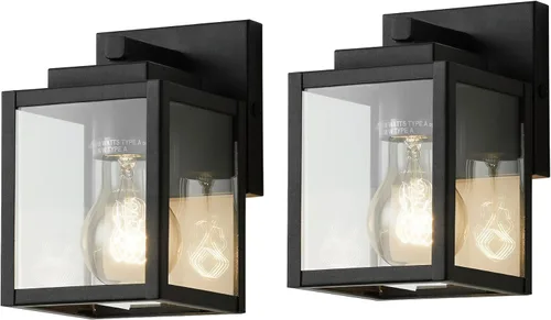 mirrea Aplique de pared clásico de 7 pulgadas para exteriores, 1 luz en negro mate, marco de metal rectangular y pantalla de vidrio transparente,