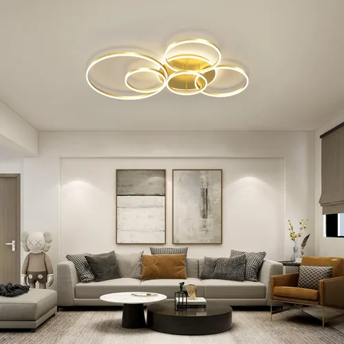 Miniatura 5 de Lámpara de techo LED moderna de 106 W, regulable, lámpara de techo acrílica LED con control remoto, 6 anillos, luz de techo de montaje al ras, Dorado
