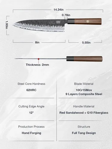 Miniatura 5 de Shan Zu - Cuchillo de chef japonés de 8 pulgadas, cuchillo Gyuto forjado a mano de 9 capas de acero de alto carbono 10CR18MOV, cuchillo profesional