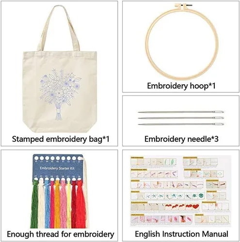 Miniatura 3 de Kit de bolsas bordadas estampadas para bricolaje, diseño de flores de pensamiento, con aros de patrón, hilos de costura, arte de costura, bolsa