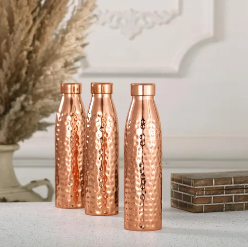 Miniatura 2 de Juego de botellas de agua de cobre puro (paquete de 3, 34 onzas/33.8 fl oz), botellas de cobre con diseño martillado, apoya el bienestar ayurvédico