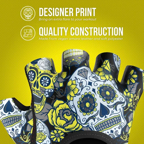 Miniatura 4 de Contraband Pink Label 5237 - Guantes de entrenamiento de diseñador para mujer, estampado de calavera de azúcar y acolchado Grip-Lock™ (amarillo, M)