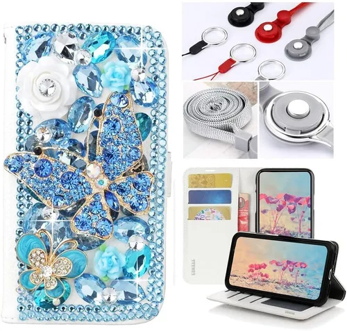 Miniatura 2 de Bling Wallet - Funda de cuero compatible con LG V40 ThinQ - Elegante funda de cuero con diseño de flores de mariposa 3D hecha a mano con cordón