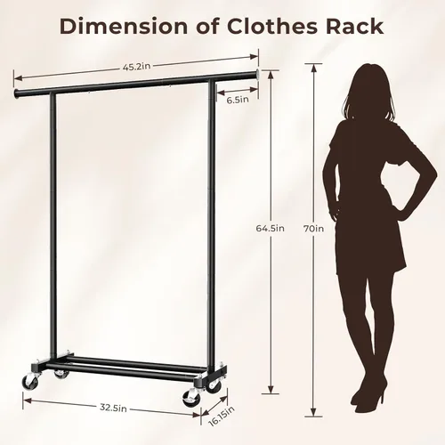 Miniatura 7 de Perchero para colgar ropa, 45 pulgadas de ancho, perchero de metal con ruedas, perchero portátil para dormitorio, lavandería, color negro