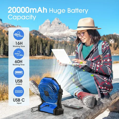 Miniatura 2 de ONLYNEW Ventilador portátil recargable de 20000 mAh, ventilador alimentado por batería inalámbrica con linterna LED, USB C operado por batería