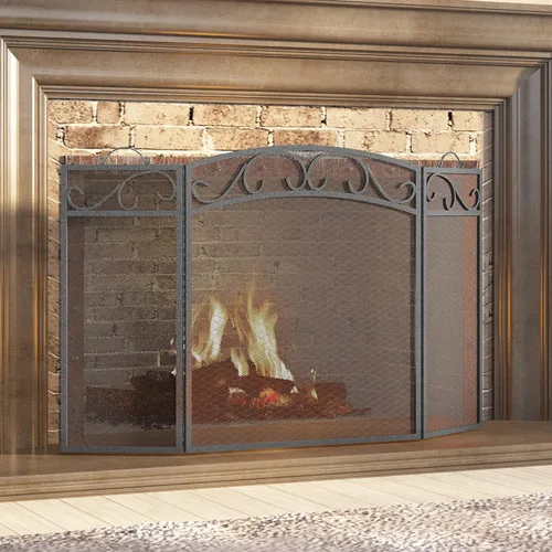 Miniatura 4 de Fire Beauty Pantalla de chimenea 3 paneles con asas de hierro forjado 51 pulgadas de largo x 31 pulgadas de alto, cubierta de protección contra