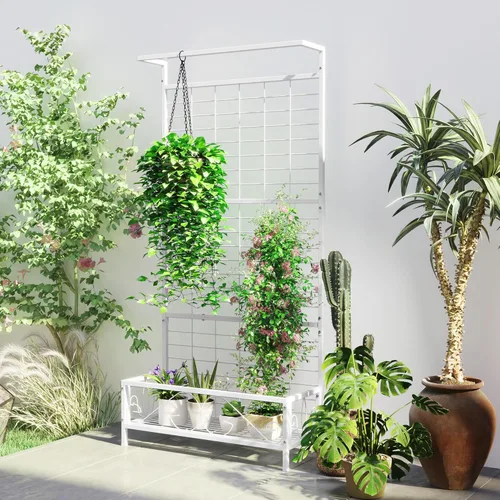 Miniatura 2 de Outsunny Soporte alto para plantas con enrejado y barra para colgar, soporte de metal para plantas trepadoras, flores, uso en interiores y Blanco