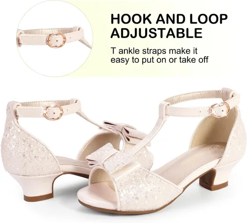 Miniatura 3 de PANDANINJIA Sally Girls Heels, Girls Dress Shoes Pump T Strap Open Toe Bow Rhinestone Girls Sandals for Toddler Little Kid Big Kid