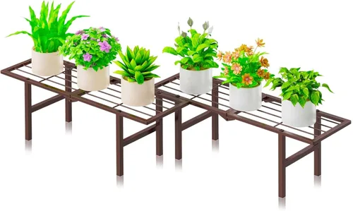 Miniatura 11 de Soporte de metal de 2 niveles para plantas para exteriores e interiores, estante plegable separado para plantas al aire libre, soporte de escalera