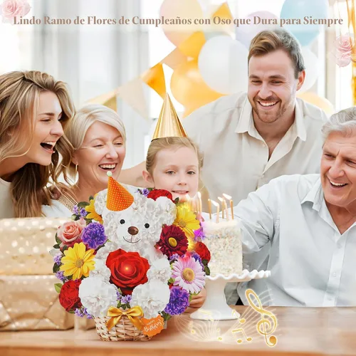 Miniatura 5 de MZD8391 Tarjetas de cumpleaños con música y luces, tarjeta de feliz cumpleaños, oso y margarita, ramo de flores de tamaño natural de 10 pulgadas