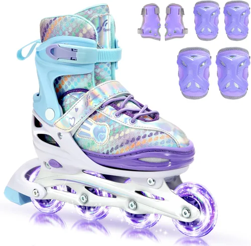 Sportneer Patines en línea ajustables de 4 tamaños para niñas, patines en línea para niños, talla 12C-9 con ruedas iluminadas, patín con equipo de