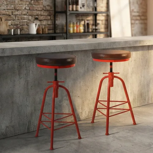 Miniatura 11 de Topower Taburete de bar de altura ajustable de metal de diseño industrial antiguo, silla de desayuno de comedor de cocina, taburete de madera
