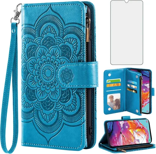 Asuwish Compatible con Samsung Galaxy A70 - Funda tipo cartera y protector de pantalla de vidrio templado, soporte para tarjetas con tapa de flores,