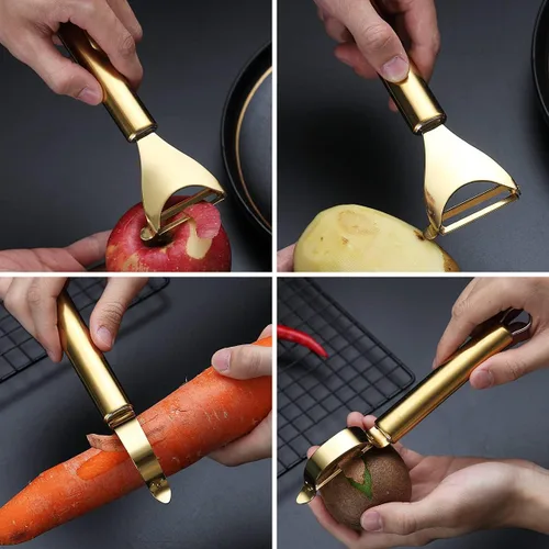 Miniatura 7 de Peladores dorados de patata, verduras y frutas para cocina, Kyraton con revestimiento de titanio dorado, peladores de acero inoxidable, hoja afilada
