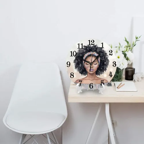Miniatura 3 de African Black Woman Wall Clock Battery Operated Silent Round Clock Afro Girl Wall Decor for Home Office School, 9.8 Inch