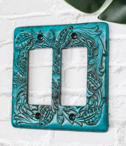 Miniatura 6 de Ebros Gift Juego de 2 rollos florales rústicos occidentales sobre fondo turquesa vintage, placa eléctrica de pared pintada a mano en 3D, accesorio