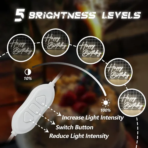Miniatura 4 de Letrero de neón de feliz cumpleaños para decoración de pared, luces LED de neón blancas cálidas de 17×12 pulgadas, letrero de luz de neón de feliz