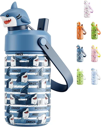 Miniatura 12 de POWCAN 12 oz Insulated Water Bottle for School: 2-in-1 Straw Spout Lid with Soft Animal Head, BPA-Free, Leakproof, Keep Cold 24H, Easy Carry
