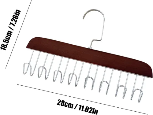 Miniatura 6 de 4 soportes de madera para cinturones, colgador multifuncional para cinturón de madera con 8 ganchos de metal, organizador de perchas de madera