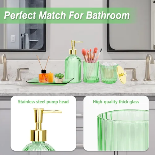 Miniatura 3 de Jenseits Juego de Accesorios de Baño Verde, Juego de 4 Piezas de Accesorios de Baño de Vidrio, Dispensador de Jabón, Portacepillos de Dientes
