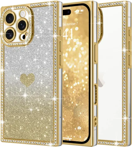 Miniatura 11 de Funda para iPhone 13, funda de diamantes de imitación de lujo con patrón de corazón de amor de cristal [papel con purpurina extraíble], parachoques