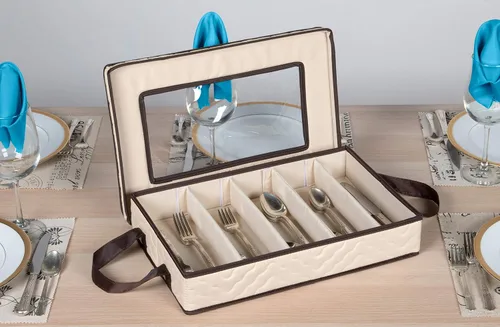 Miniatura 2 de Caja de almacenamiento para cubiertos - Resistente contenedor de almacenamiento para cubiertos de 5 compartimentos con tapa extraíble y asas fáciles