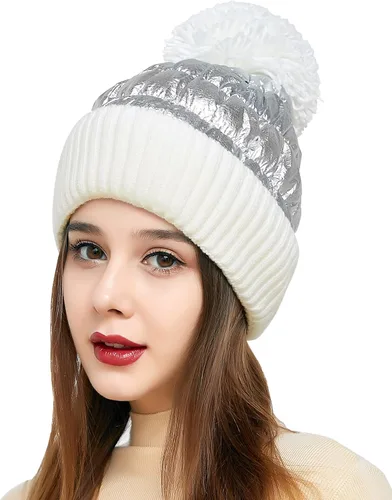 Miniatura 6 de Muryobao Gorro de invierno para mujer con forro polar brillante metálico con puños con diseño de calavera