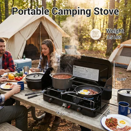 Miniatura 2 de FineFlame Estufa de campamento, estufa de campamento portátil de propano con regulador, encendido instantáneo con botón, quemadores ajustables