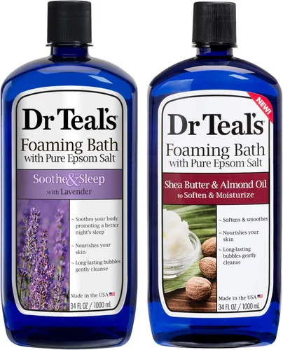 Dr. Teal's - Set de regalo de variedad de baño espumoso (paquete de 2, 34 onzas cada una) – Calmar y dormir lavanda, manteca de karité hidratante y