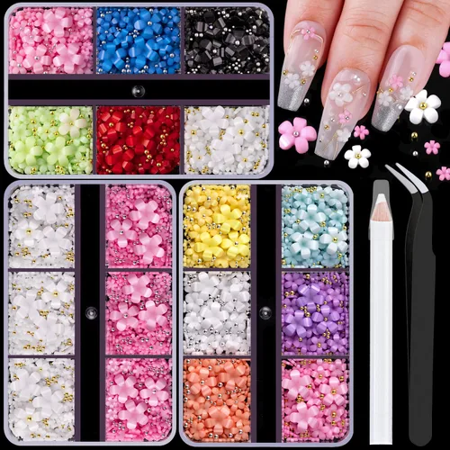 Miniatura 25 de Dijes para uñas 3D, kit de manicura con gel de pegamento de diamantes de imitación para uñas (curado UV), mariposa blanca rosa flor gemas AB 03-2