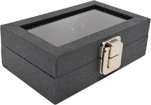 Novel Box - Caja organizadora de joyas, cuero sintético negro, 6 x 3.75 x 2 pulgadas, caja de joyería de cristal de tamaño pequeño con tapa con