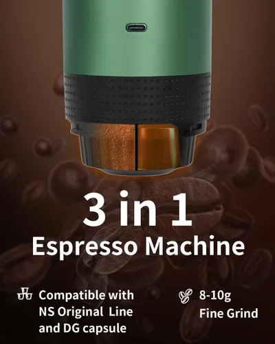 Miniatura 2 de Máquina eléctrica portátil de café expreso, cafetera de viaje compatible con café molido y cápsulas NS (verde con pantalla LCD)