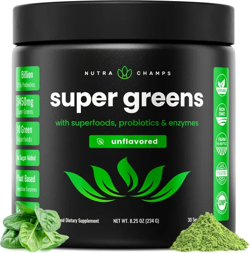 NutraChamps Super Greens Powder Premium Superfood | Más de 20 alimentos integrales vegetales verdes orgánicos | Hierba de trigo, espirulina,