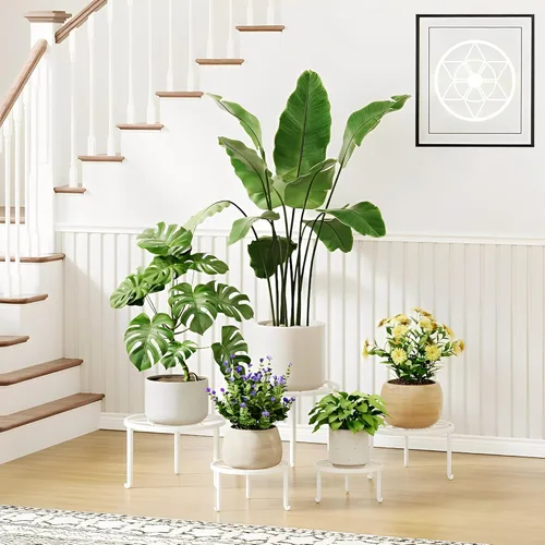 Miniatura 10 de Paquete de 5 soportes para macetas de hierro resistentes a la oxidación para interiores y exteriores, soporte decorativo redondo para flores