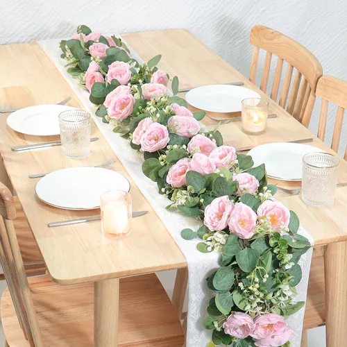Miniatura 4 de TOCHGREEN Paquete de 2 Guirnaldas de Flores de Eucalipto Artificial de 13 Pies con Rosas Rosadas, Guirnalda de Flores de Rosa Falsa Vegetación