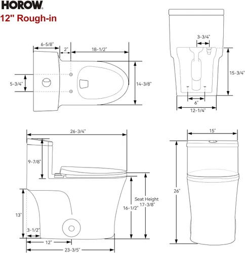 Miniatura 7 de HOROW T0338WG Inodoro de una pieza con botón dorado, inodoro alargado con asiento de comodidad, altura para silla ADA 17.3", descarga doble 0.8/1.28