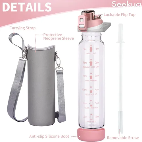 Miniatura 3 de Botella de agua deportiva de vidrio de 32 onzas con popote y marcador de tiempo, botella de vidrio motivacional reutilizable grande para agua Rosa
