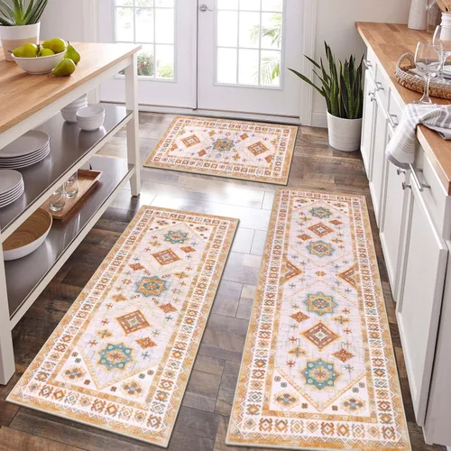 Miniatura 14 de HEBE - Juego de alfombras de cocina bohemias de 3 piezas con corredor, alfombras de cocina antideslizantes y tapetes lavables para piso de cocina