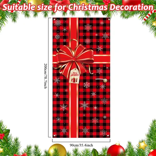 Miniatura 2 de Cartel de Navidad para puerta, decoración de Feliz Navidad, búfalo a cuadros rojos y negros, telón de fondo de caja de regalo de Navidad, lazo