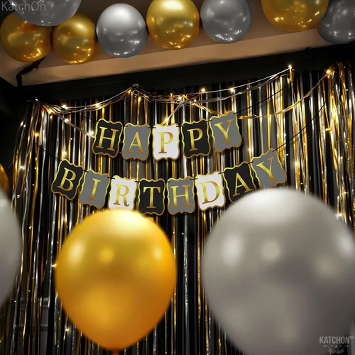 Miniatura 7 de KatchOn, Cartel de feliz cumpleaños negro y dorado, 10 pies, NO DIY, telón de fondo de feliz cumpleaños, decoraciones de feliz cumpleaños