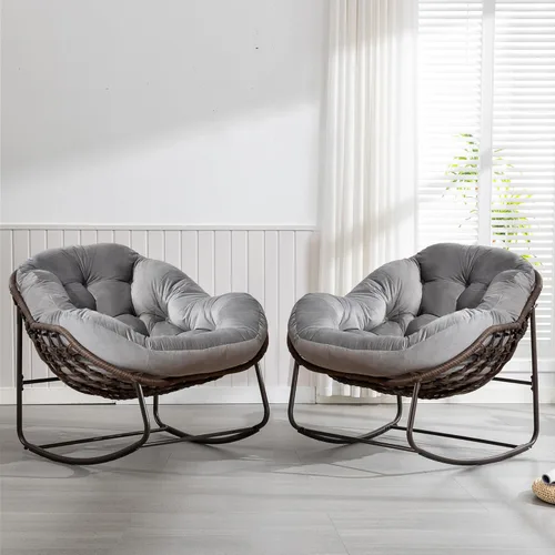 Miniatura 15 de HOMEFUN Juego de 2 mecedoras para patio al aire libre, sillas Papasan Rock de gran tamaño para interiores con cojín acolchado, asiento de huevo