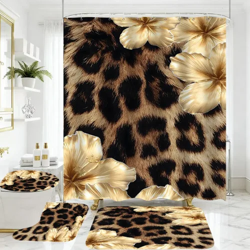 Miniatura 13 de Juego de 4 piezas de cortina de ducha con estampado de leopardo, con alfombra, cubierta de tapa de inodoro y tapete de baño, cortina de ducha roja