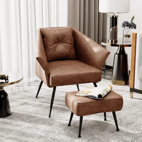 Miniatura 9 de Alunaune Silla decorativa moderna color marrón con otomana, silla individual tapizada de piel sintética para sala de estar, cómoda de mediados