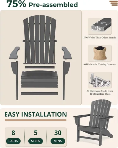Miniatura 7 de BRIOPAWS - Juego de 2 sillas Adirondack Tamaño grande Silla para hoguera Plástico HDPE Para todo tipo de clima para terraza, al aire gris