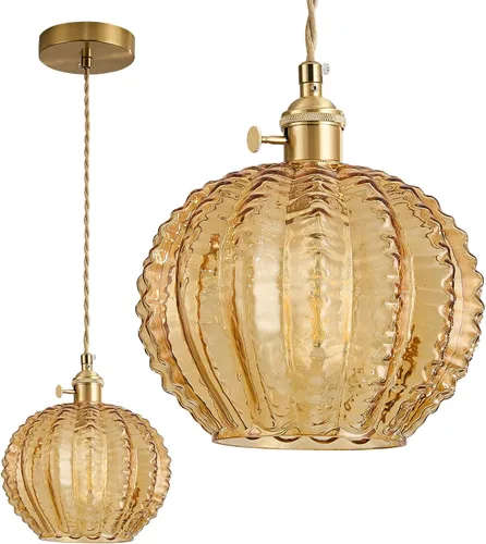 Miniatura 11 de Lámpara colgante vintage de 7.9 pulgadas, 1 luz, luces colgantes para isla de cocina con vidrio soplado a mano de cobre azul, pequeña lámpara