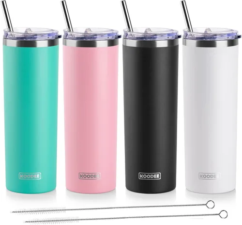 Miniatura 27 de Koodee - Vaso delgado de acero inoxidable de 20 onzas (4 unidades) aislado con doble pared, vaso de agua con 4 tapas, 4 popotes y 2 cepillos