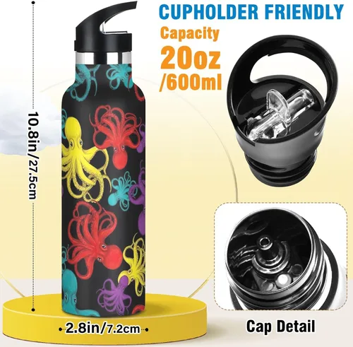 Miniatura 2 de Kids Water Bottle for School, Water Bottle Stainless Steel for Travel or School 20 Oz, BPA-Free, Colorful Octopuses