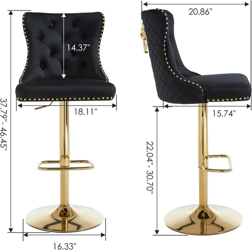 Miniatura 2 de Taburetes de bar negros juego de 2 sillas de cocina giratorias de terciopelo con respaldo alto acolchado, taburetes dorados modernos tapizados