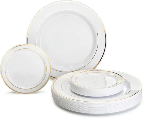 Miniatura 20 de Occasions" - Juego de 125 piezas (25 invitados) - Platos y cubiertos de plástico para boda, vajilla pesada desechable de 10.5 pulgadas, 6.25